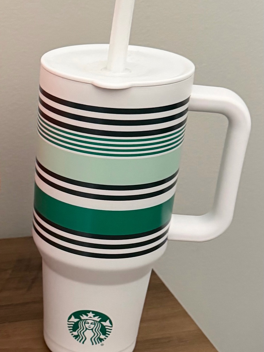 Starbucks White Travel Tumbler with Teal and Mint Stripes and Handle